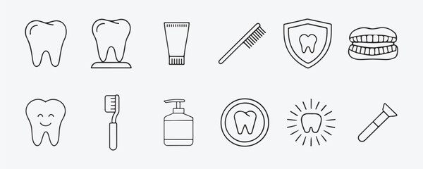 Dental Hygiene Line Icons Set of Tooth Brushing, Toothpaste, Mouthwash & Oral Care Symbols