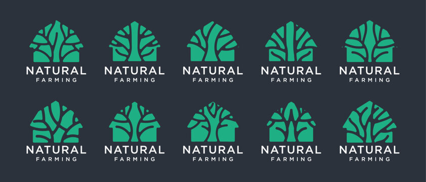 Nature tree farm house logo design collection. Nature leaf farm logo template. Farm and ranch logo symbol icon