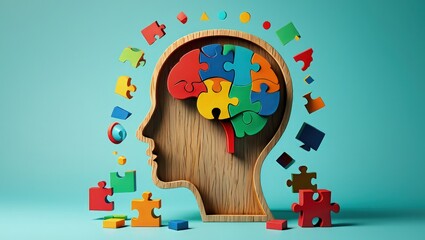 Wooden head shape brain made of colorful puzzle pieces. Illustration complex thinking process, logical mind. Parts of brain connected. Concept of connecting ideas, problem-solving abilities. Abstract