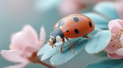 Ladybug Crawls Across Delicate Pink Spring Blooms Beautiful Insect Explores Floral Garden Landscape