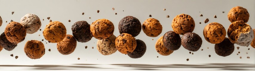 Delicious chocolate chip cookies floating in mid air with chocolate chips