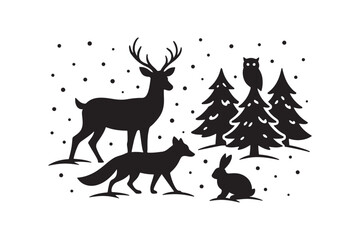 Forest animals in snow silhouette vector art illustration on white background