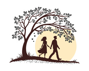 Silhouette Couple Walking Hand in Hand Underneath a Tree