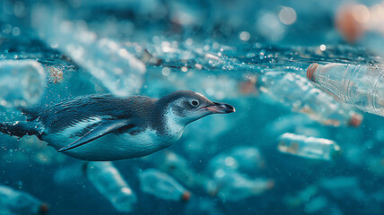 Obraz premium Penguin gracefully swims through a sea of plastic bottles in the ocean