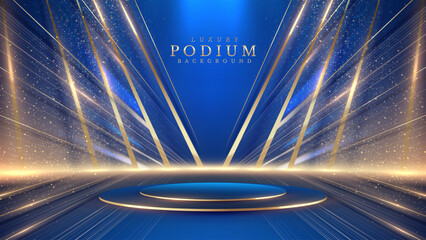 Empty blue stage scene with golden neon light lines. Luxury background design concept. Perfect for awards ceremony, celebrations and grand openings. Vector illustration.