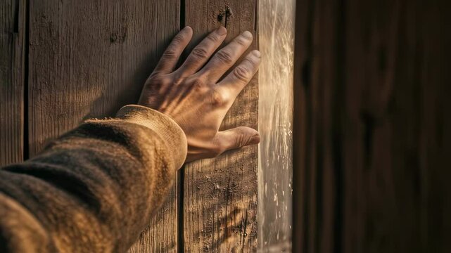 A man's hand reaches out to touch an old wooden door opening to reveal bright light and hope, christian concept.