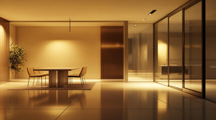 Rendered image of a modern apartment's interior, showcasing a dining area with a table and chairs, and a spacious, empty living room with beige walls