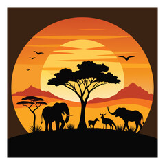African Wildlife Silhouette Scene at Sunset with Savannah Animals