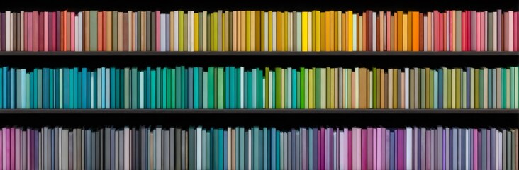 Bookshelf with colorful books organized by color creating a gradient effect