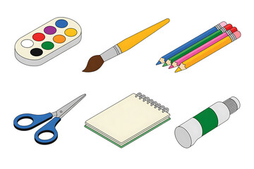 Naklejka premium Art Supplies Assortment: A colorful collection of artistic tools, including watercolors, a paintbrush, pencils, scissors, a notepad, and paint tube.