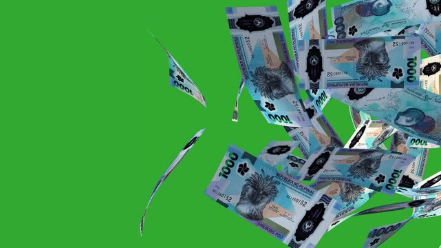3D animation of Saudi Riyal notes moving flying passing from left to right on Green screen  background. Currency video transition effect overlay