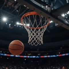 A basketball is in the process of going through a basketball hoop.