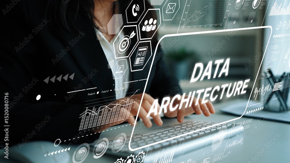 Poster professional businesswoman working on data architecture project with digital interface and innovativ