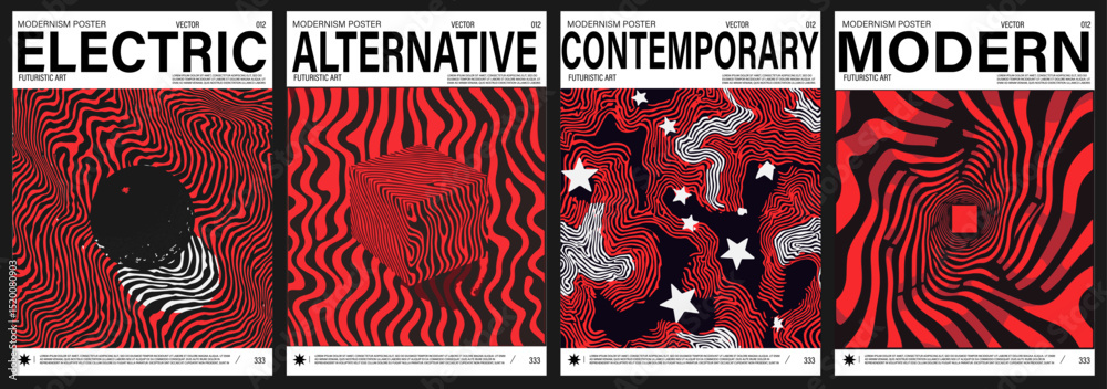 Aufkleber Modern vector posters feature bold, hypnotic line art in black and red, with 3D shapes and movement. The style is Y2K-pop art fusion, reflecting current popular retro-futuristic trends.