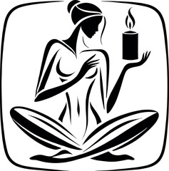 Black-and-white minimalist artwork of a serene woman holding a candle, eyes closed, with soft smoke lines rising—an elegant oil drop silhouette blending wellness and calm.
