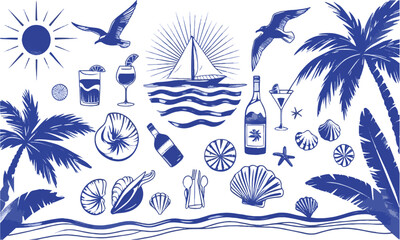 Obraz premium Vector illustration inspired by a hand-drawn beach and summer theme. emulate the playful, loose sketch style with fluid, slightly irregular strokes resembling marker or ink pen lines, easily editable 