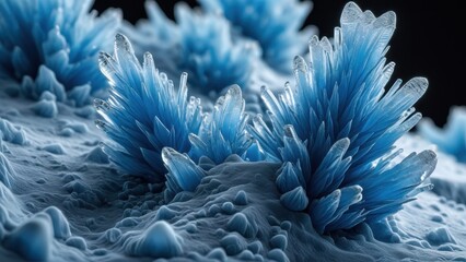 Cryo-SEM of Collinsella in vitreous ice, showing subsurface scattering with photonic crystal effects; biofilm EPS glow visible, captured using Zeiss Gemini optics.