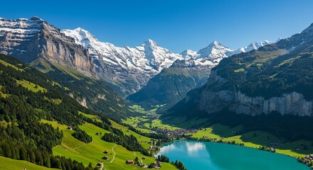 Swiss Alps mountain range with snowy peaks, lush green forest valleys and meadows, scenic countryside landscape, clear sky, ideal for travel wallpaper or Switzerland destination design