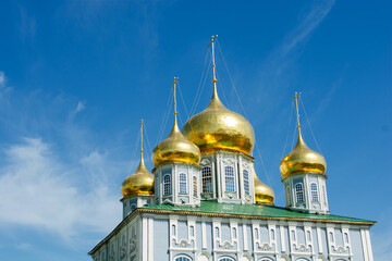 Sights of Russia, Tula. Golden domes of the Assumption Cathedral of the Tula Kremlin. World...
