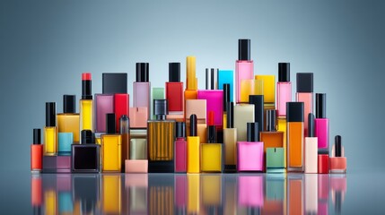 Obraz premium A vibrant collection of colorful nail polish bottles arranged artistically.