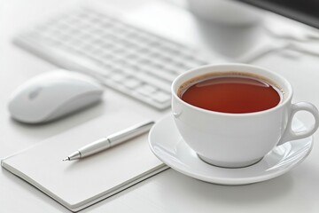 White Tea Cup on Saucer, Notebook, Pen, Mouse, and Keyboard on White Table