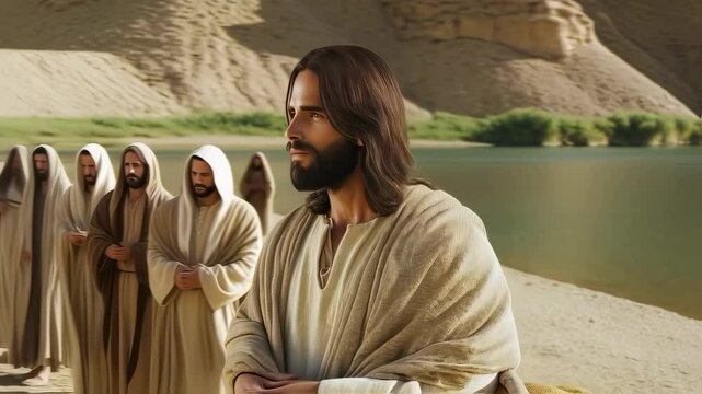 Jesus Christ and followers with men and women in boats, delivering a sermon and parables by the sea, religious footage.