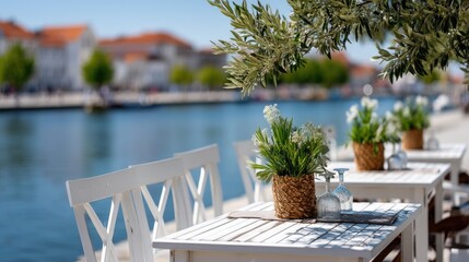 Bright sunlight illuminates an olive tree near outdoor tables and chairs, with boats anchored in the background at a fishing port