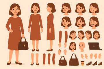 Casual middle aged woman wearing dress. Character constructor for animation. Front, side and back view set. Body parts, postures, poses collection. Vector illustration