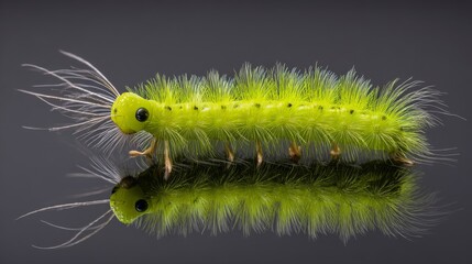 Fototapeta premium A vibrant green caterpillar with fluffy hair resting on a reflective surface.