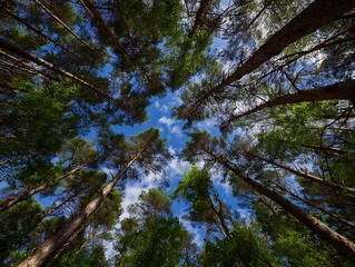 Fototapeta premium Stunning upward view of tall green trees against blue sky
