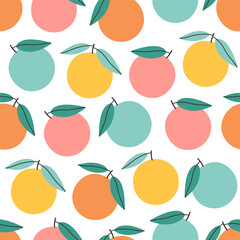 Seamless pattern with cute colorful oranges, grapefruits. Design for banner, wallpaper, textile, wrapping paper, background, cards. Vector illustration in flat style
