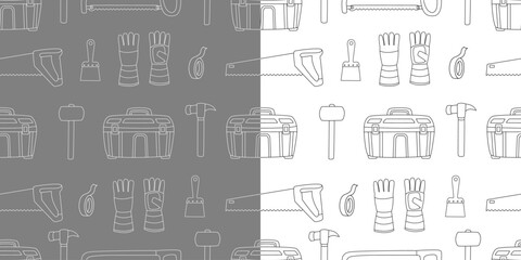 Set of seamless patterns with hand drawn construction tools like hammers, saws, gloves, paint scrapers, and tool boxes. Black and white outline vector illustrations on gray and white backgrounds