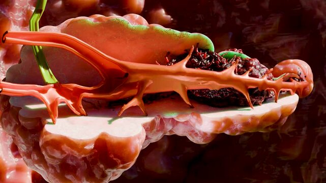 Pancreatic illness, digestive gland, Human pancreas cancer anatomy diagram, medically accurate, malignant tumor growing and spreading, mutating cells, metastasis cancerous, 3d render