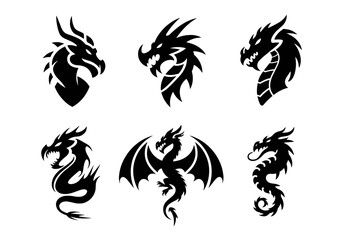 Six Silhouetted Dragon Designs for Graphic Use