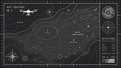 Futuristic black and white map with drone elevation contours and navigation elements