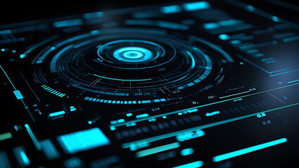 Futuristic digital interface glowing with blue neon lines and circular display elements