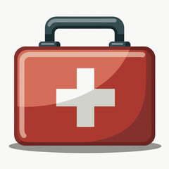 Obraz premium Red first aid kit with white cross symbol on a neutral background 