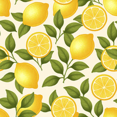 Digital drawing of lemons, seamless pattern