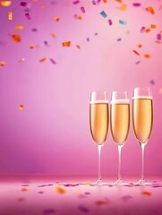 Festive Champagne Celebration - Three champagne flutes filled to the brim, confetti falling, pink background. Symbolizing celebration, joy, success, luxury, and new beginnings