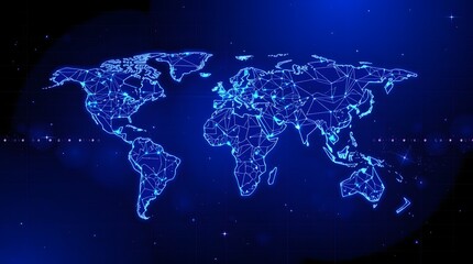 Stylized digital world map with tech lines and glowing points. Great for tech, global business, communication, data or internet themes.