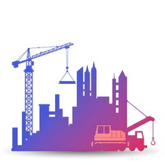 Obraz premium Construction Site with Crane and Buildings Silhouette