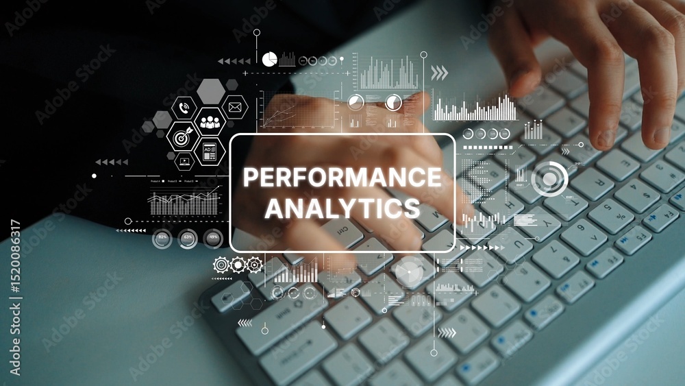 Poster hands typing on keyboard with graphics of performance analytics data and charts in modern office env