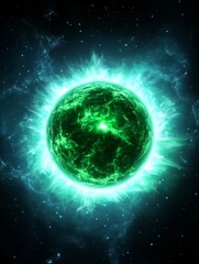 Fototapeta premium Green Energy Sphere Radiating Light in Space - A vibrant green energy sphere emits radiant light, symbolizing power, renewal, cosmic energy, innovation