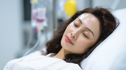 single patient beautiful Japanese woman 28 years old lying in a modern hospital bed receiving IV therapy