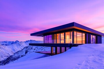 Modern Mountaintop Chalet at Sunset - Stunning modern chalet perched on a snowy mountain peak, bathed in the warm glow of a vibrant sunset. Luxury architecture