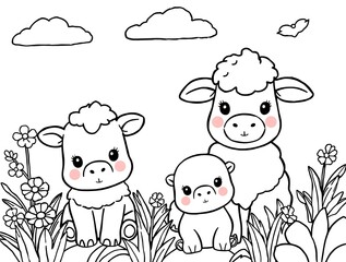 Obraz premium Cute Sheep Family Meadow Coloring Page.