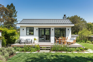 Professional photo of a single-level ADU with modern farmhouse style, frontal elevation view, showcasing the backyard in Marin County, California...