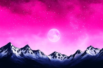 Pink Night Sky Mountainscape - Majestic snow-capped mountains silhouetted against a vibrant pink night sky, illuminated by a large full moon