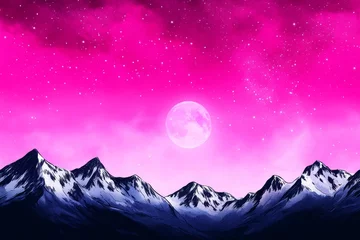 Selbstklebende Fototapeten Pink Night Sky Mountainscape - Majestic snow-capped mountains silhouetted against a vibrant pink night sky, illuminated by a large full moon © facegolf