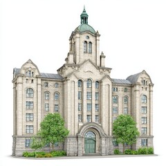 Architectural render of a historic ornate building against a white backdrop